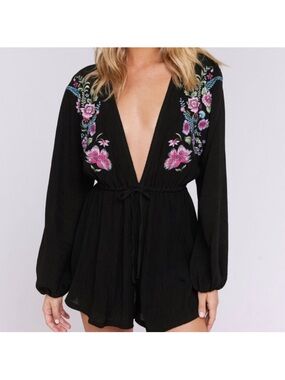 Spiritual Gangster - Zella Black Embroidered Romper V Neck